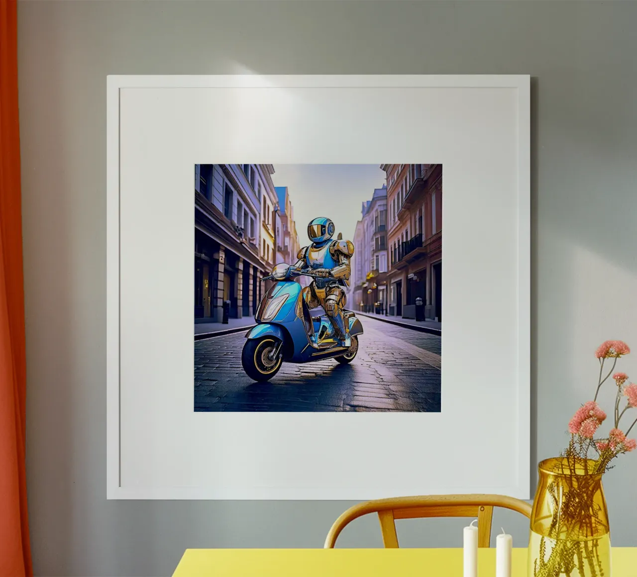 ROBOT EN SCOOTER BLEU. VIOLET carta hahnemühle da Thierry vobmann photography