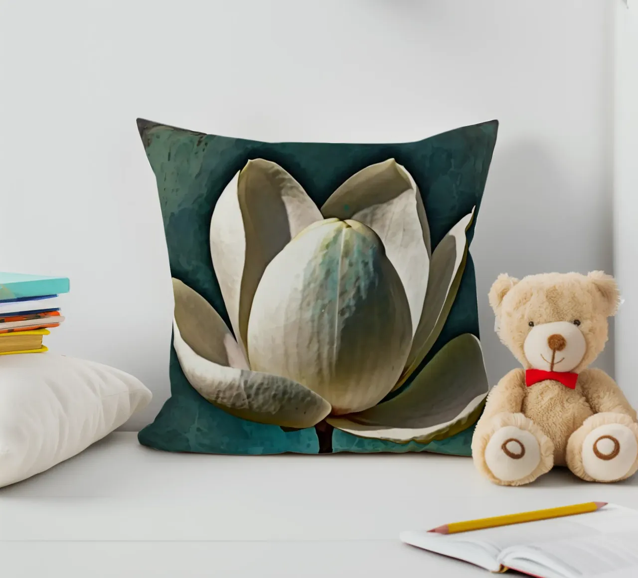 Un bel fiore di magnolia si erge alto cuscino da DesignDoodle
