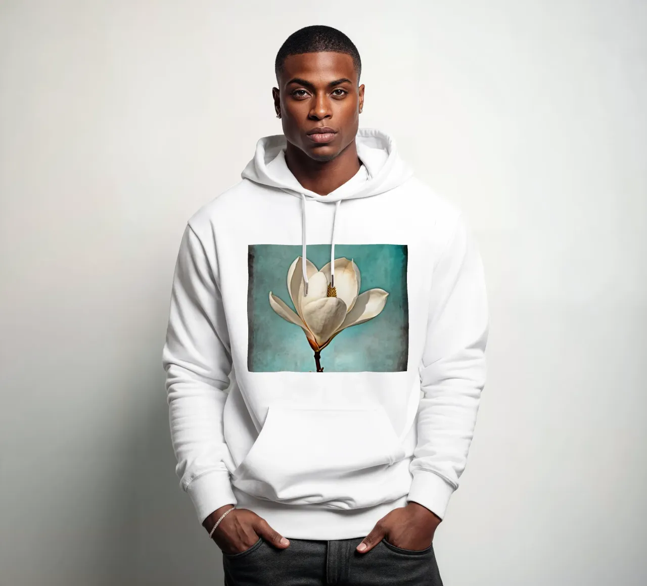 Elegante fiore di magnolia bianca in piena fioritura su un sfondo di colore scuro. felpa con cappuccio da DesignDoodle