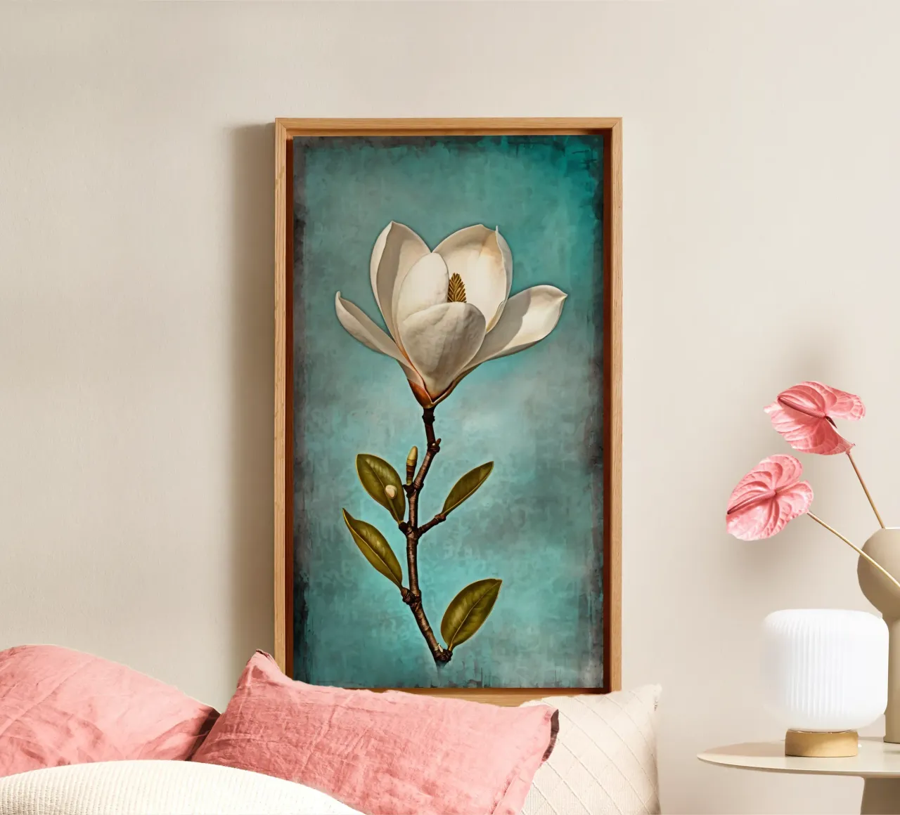 Elegant white magnolia flower in full bloom against a textur canvas with Floater frame by DesignDoodle