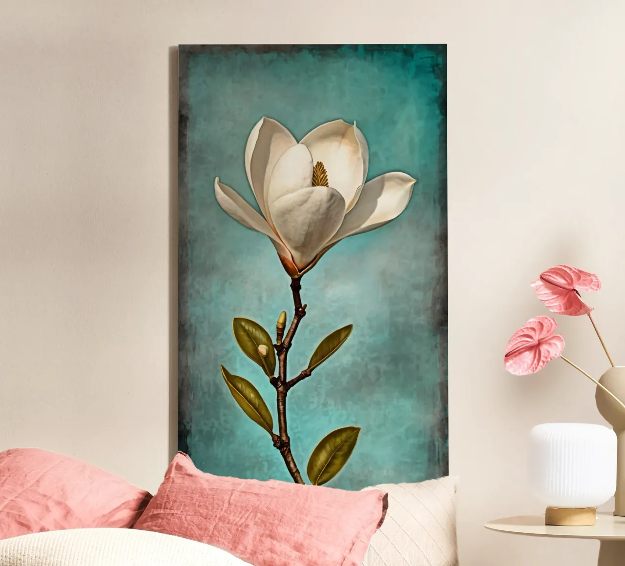 Elegant white magnolia flower in full bloom against a textur canvas with Floater frame by DesignDoodle
