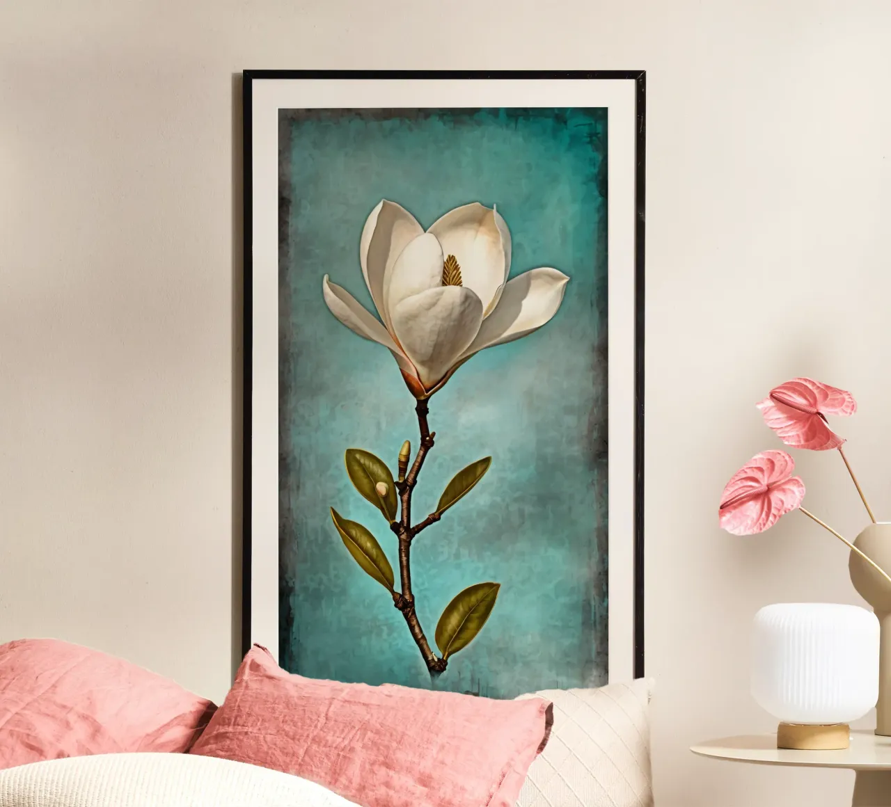 Elegante fiore di magnolia bianca in piena fioritura su un sfondo di colore scuro. poster da DesignDoodle
