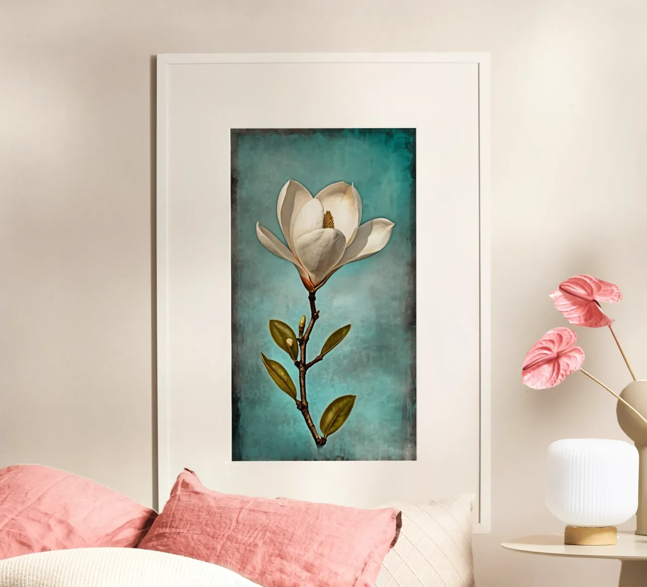 Elegante fiore di magnolia bianca in piena fioritura su un sfondo di colore scuro. poster da DesignDoodle