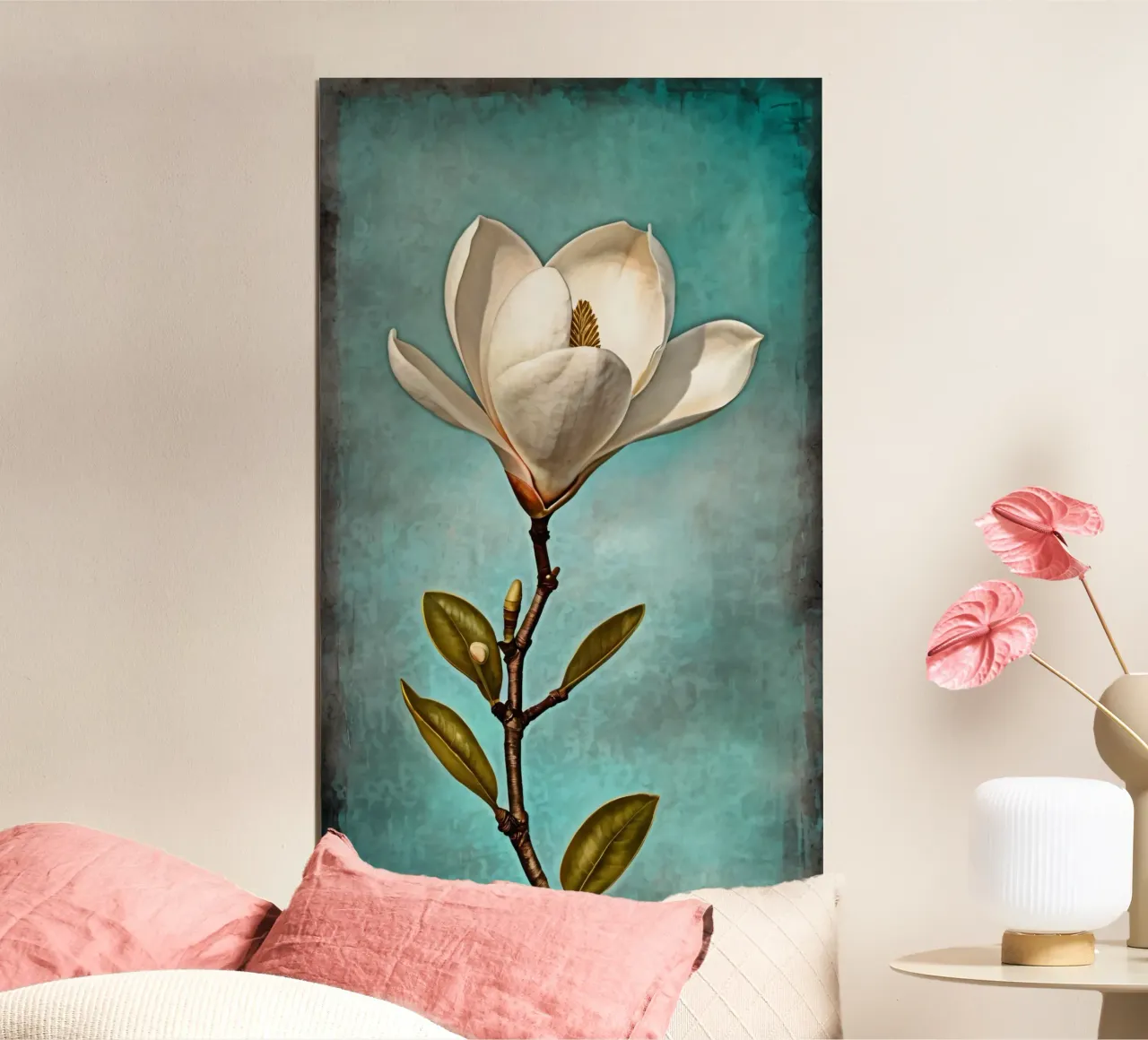 Elegante fiore di magnolia bianca in piena fioritura su un sfondo di colore scuro. poster da DesignDoodle