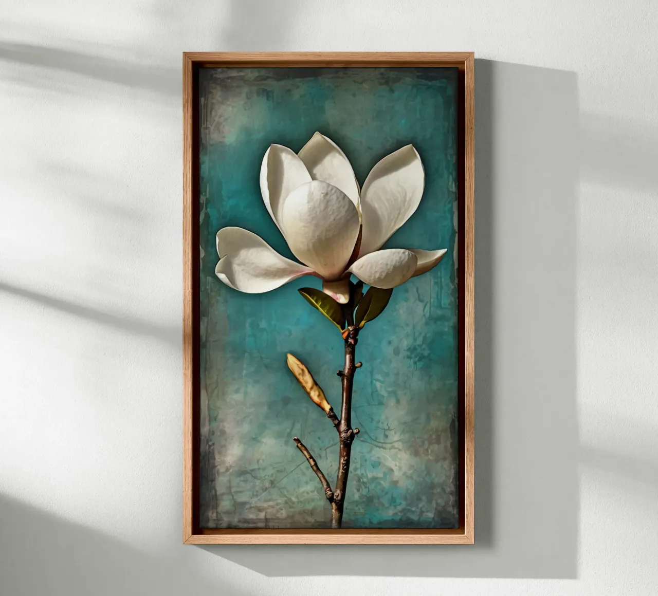 Elegant white magnolia blossom stands out against a textured canvas with Floater frame by DesignDoodle