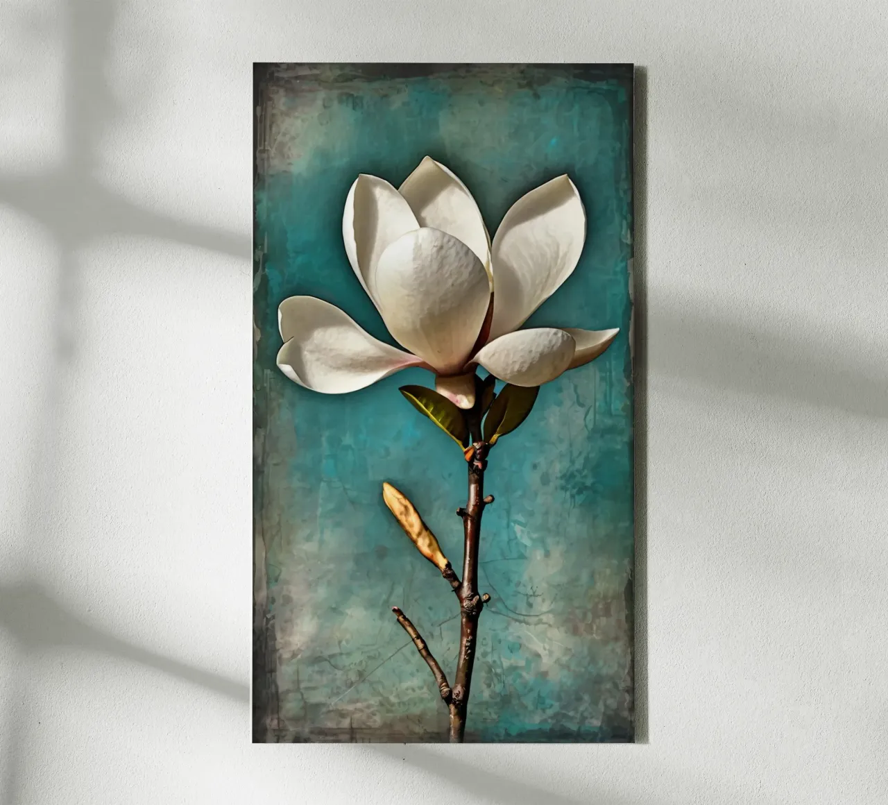 Elegant white magnolia blossom stands out against a textured canvas with Floater frame by DesignDoodle