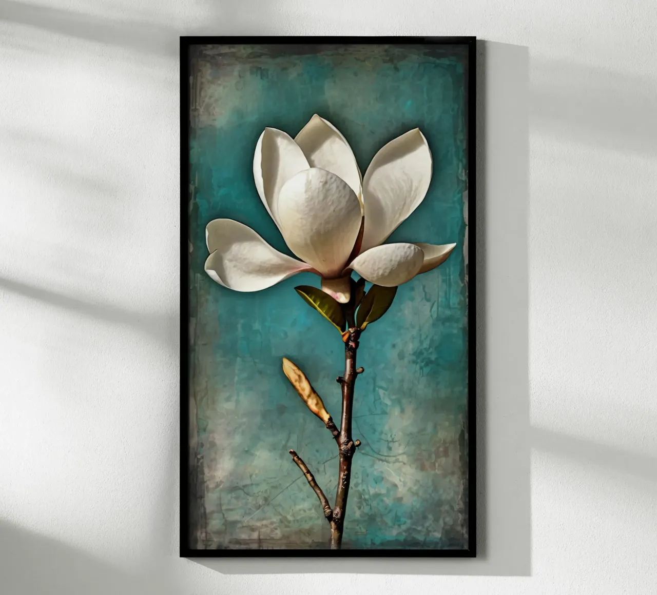 Elegant white magnolia blossom stands out against a textured poster with wooden frame by DesignDoodle