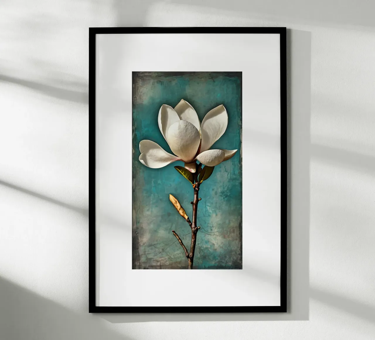 Elegant white magnolia blossom stands out against a textured poster with wooden frame by DesignDoodle
