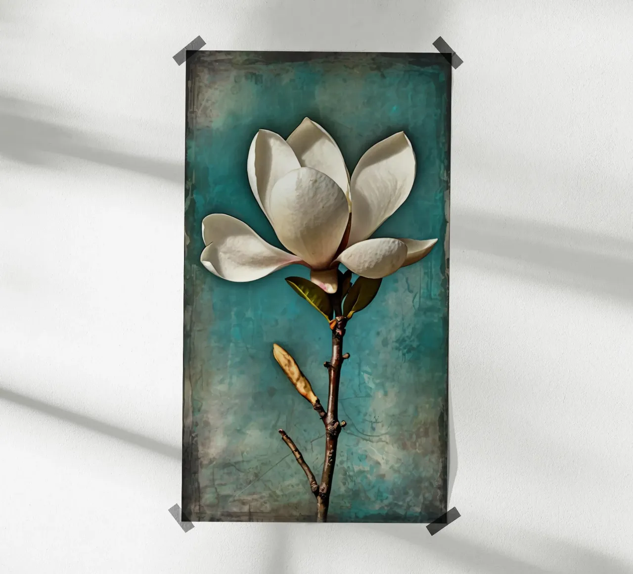 Elegant white magnolia blossom stands out against a textured poster with wooden frame by DesignDoodle