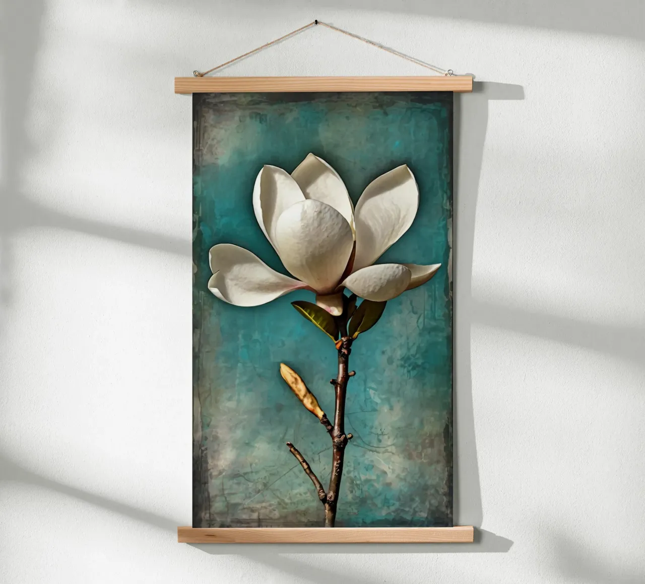 Elegant white magnolia blossom stands out against a textured poster with wooden frame by DesignDoodle