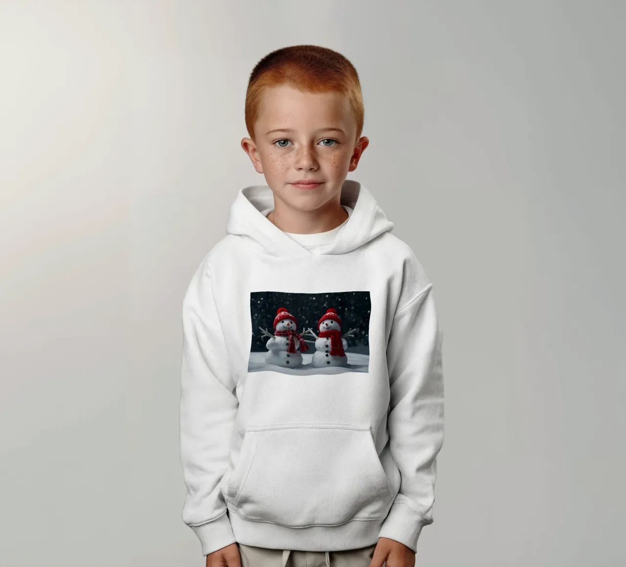 alegres muñecos de nieve con bufandas y gorros rojos de pie juntos sudadera con capucha para niño de DesignDoodle