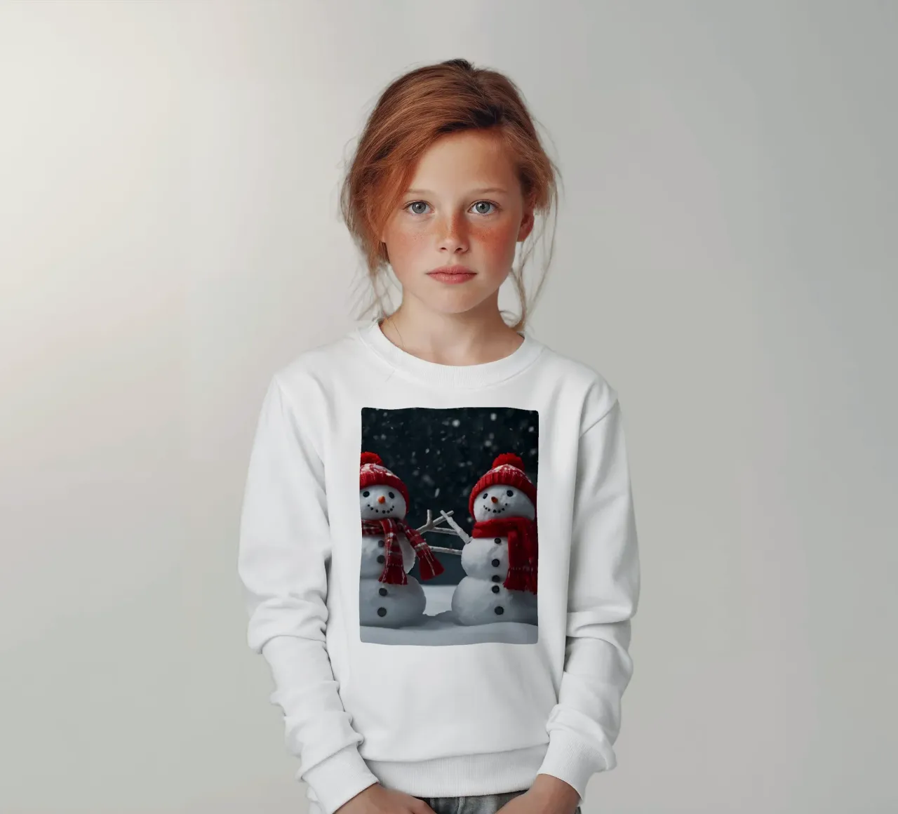 alegres muñecos de nieve con bufandas y gorros rojos de pie juntos sudadera para niño de DesignDoodle