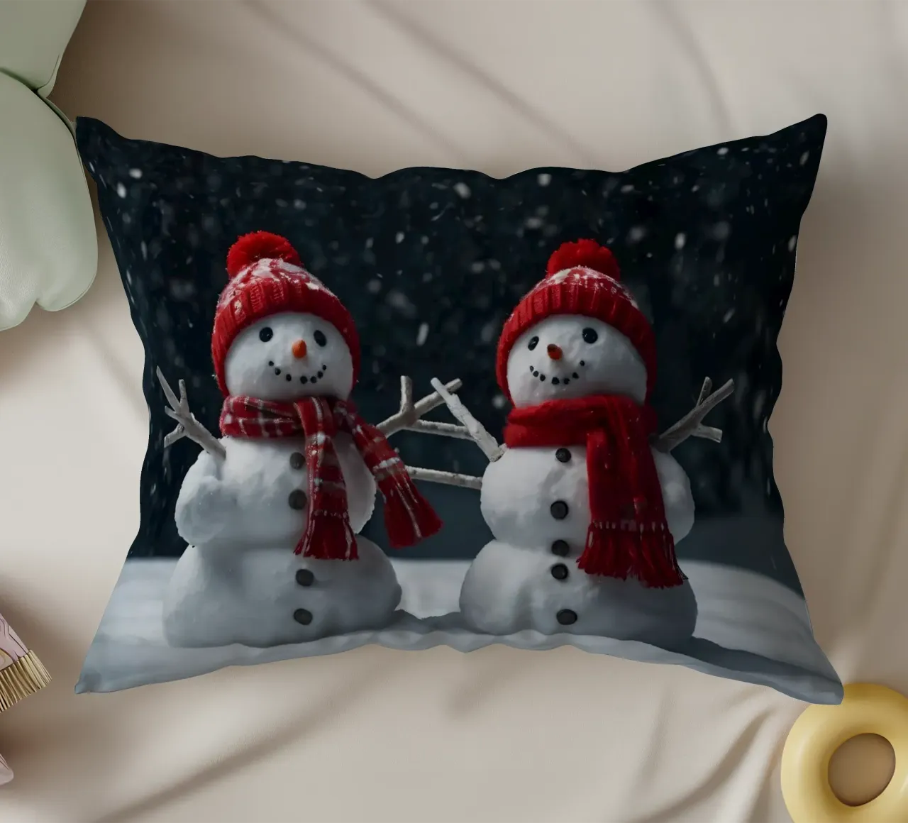 alegres muñecos de nieve con bufandas y gorros rojos de pie juntos cojín de DesignDoodle