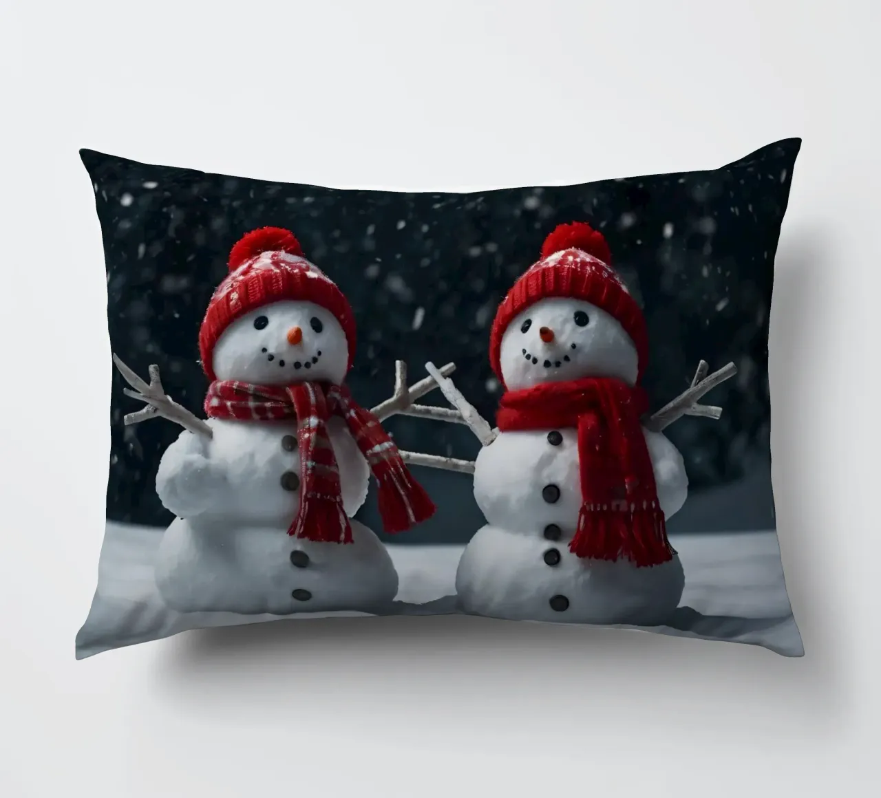alegres muñecos de nieve con bufandas y gorros rojos de pie juntos cojín de DesignDoodle