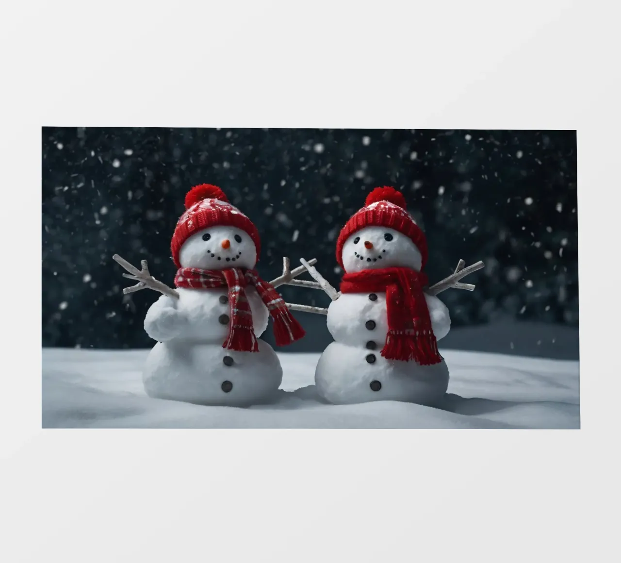 alegres muñecos de nieve con bufandas y gorros rojos de pie juntos lonas publicitarias de DesignDoodle