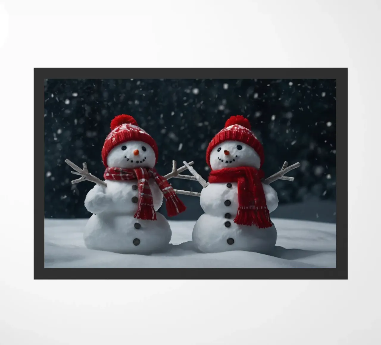 allegri pupazzi di neve con sciarpe e cappelli rossi stanno insieme zerbino da DesignDoodle
