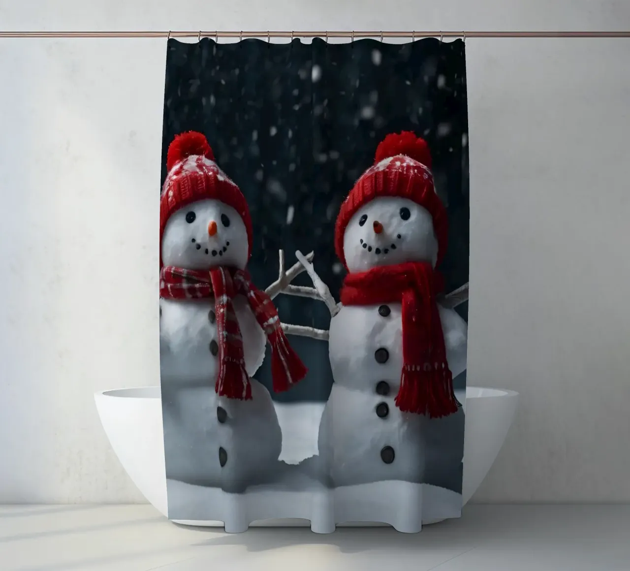 alegres muñecos de nieve con bufandas y gorros rojos de pie juntos cortina de baño de DesignDoodle