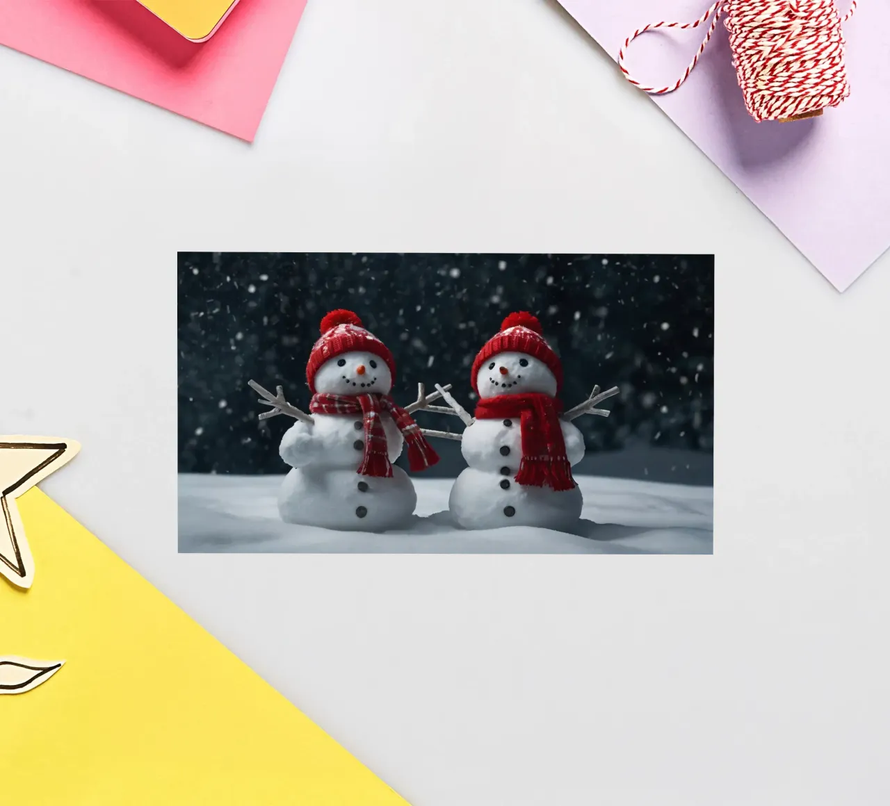 alegres muñecos de nieve con bufandas y gorros rojos de pie juntos pegatina de DesignDoodle