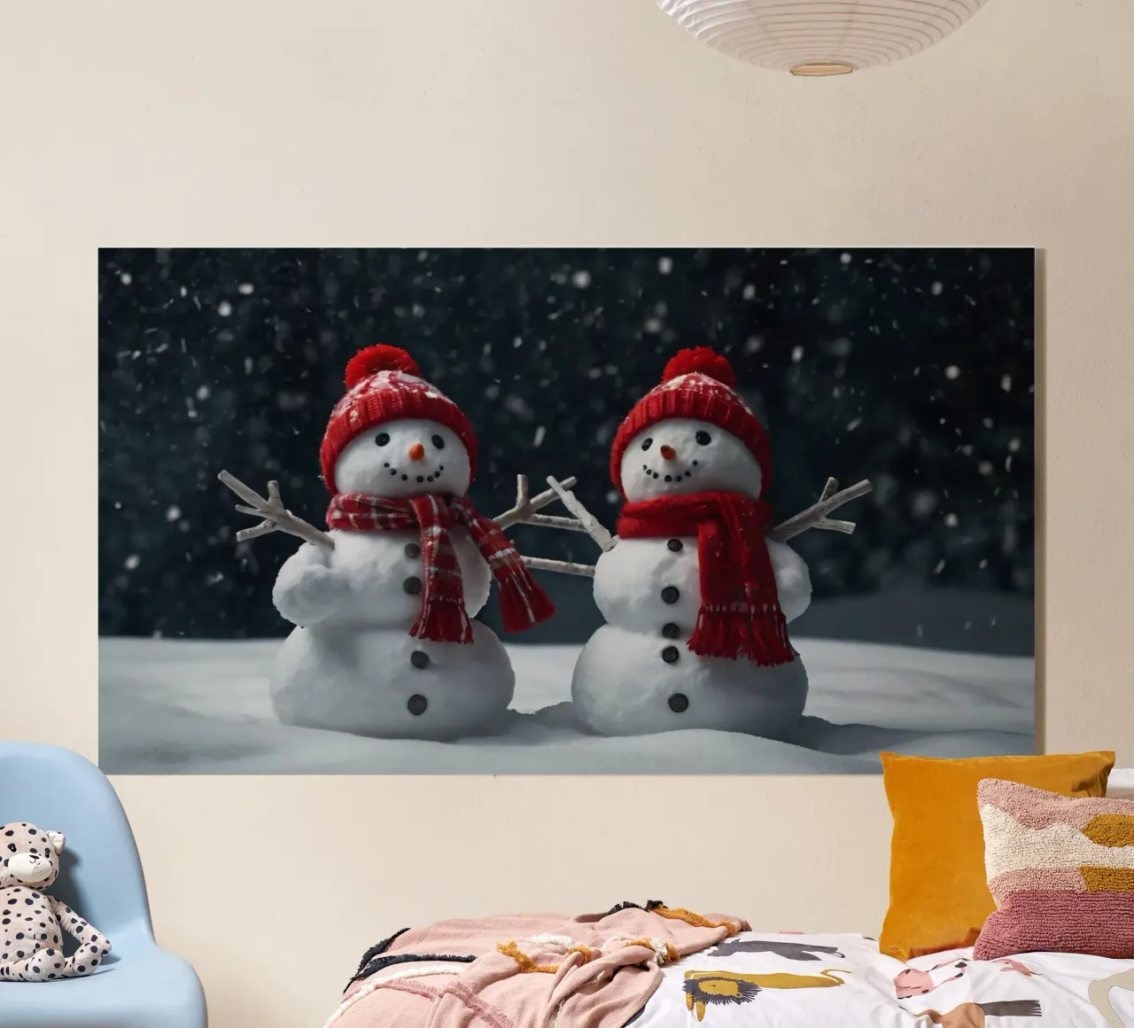 alegres muñecos de nieve con bufandas y gorros rojos de pie juntos metacrilato de DesignDoodle