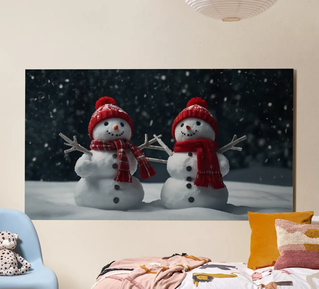 alegres muñecos de nieve con bufandas y gorros rojos de pie juntos aluminio dibond de DesignDoodle