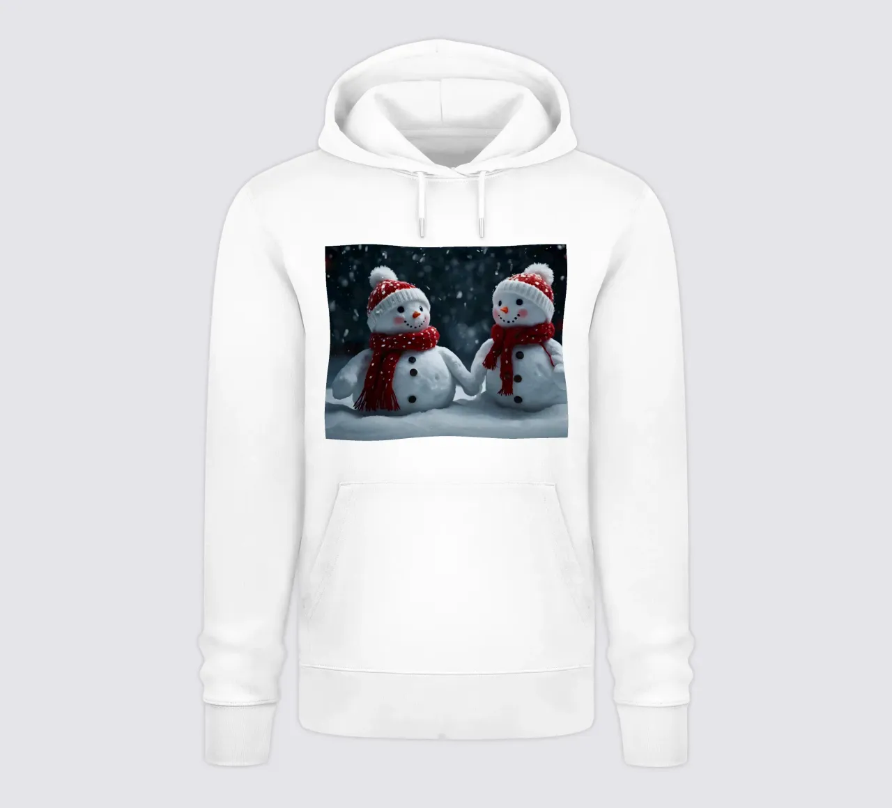 Due allegri pupazzi di neve che indossano cappelli e sciarpe rosse e bianche felpa con cappuccio da DesignDoodle