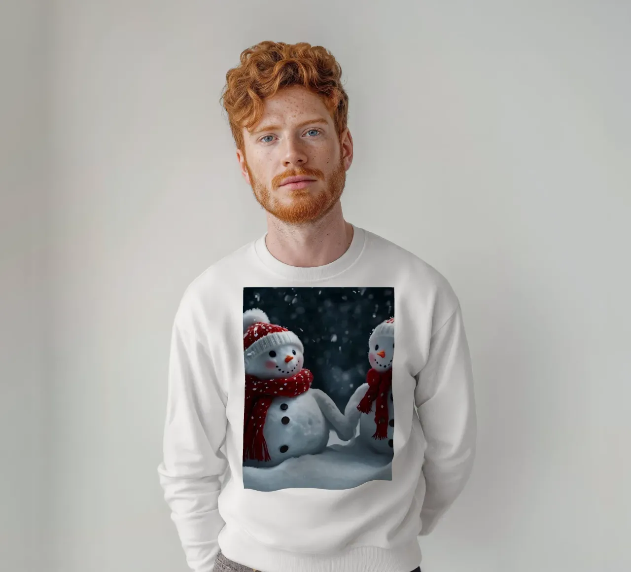 Due allegri pupazzi di neve che indossano cappelli e sciarpe rosse e bianche felpa da DesignDoodle