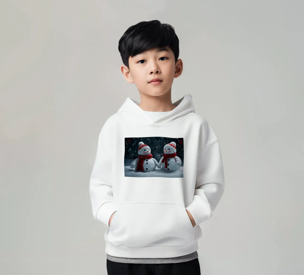 Dos alegres muñecos de nieve con gorros y bufandas rojas y blancas sudadera con capucha para niño de DesignDoodle