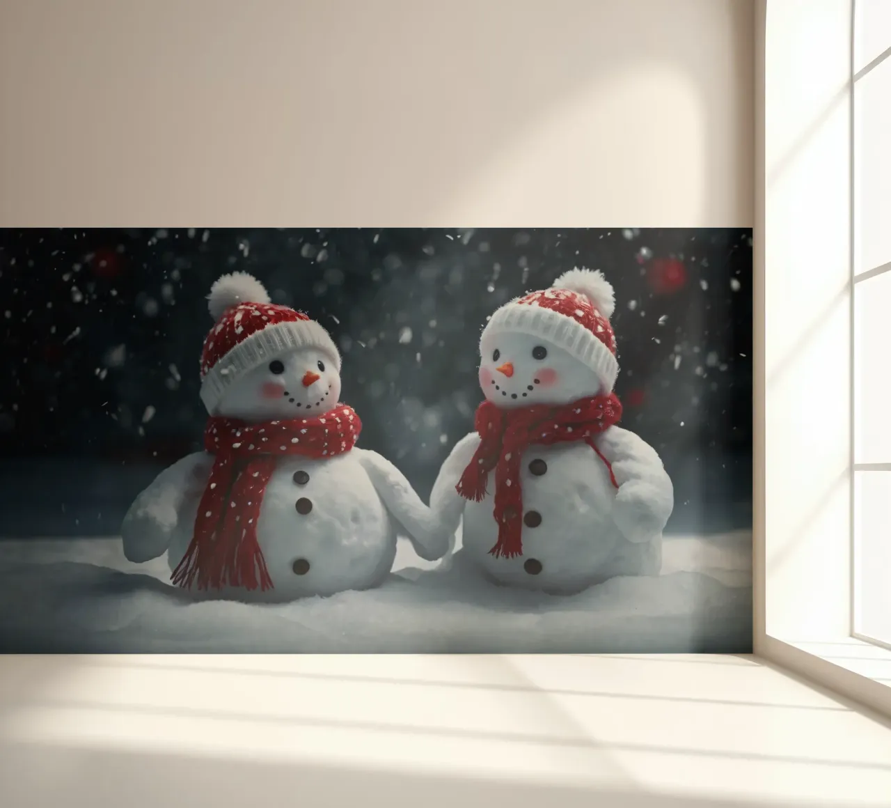 Dos alegres muñecos de nieve con gorros y bufandas rojas y blancas papel para pared de DesignDoodle