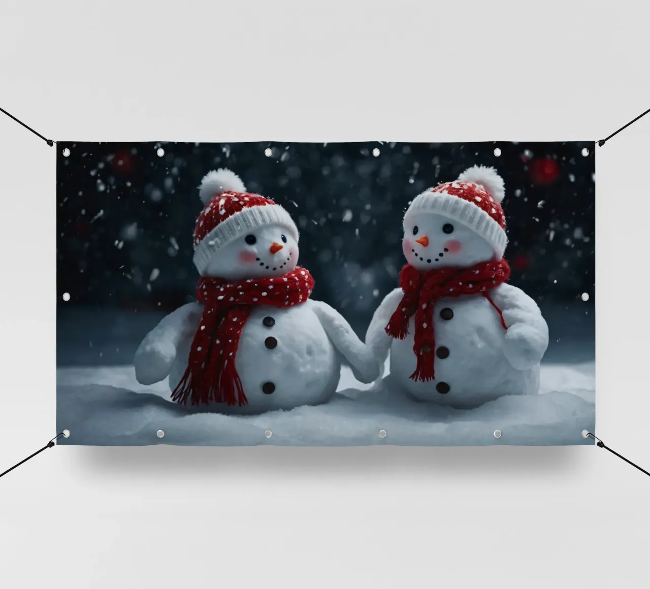 Due allegri pupazzi di neve che indossano cappelli e sciarpe rosse e bianche telo in pvc da DesignDoodle