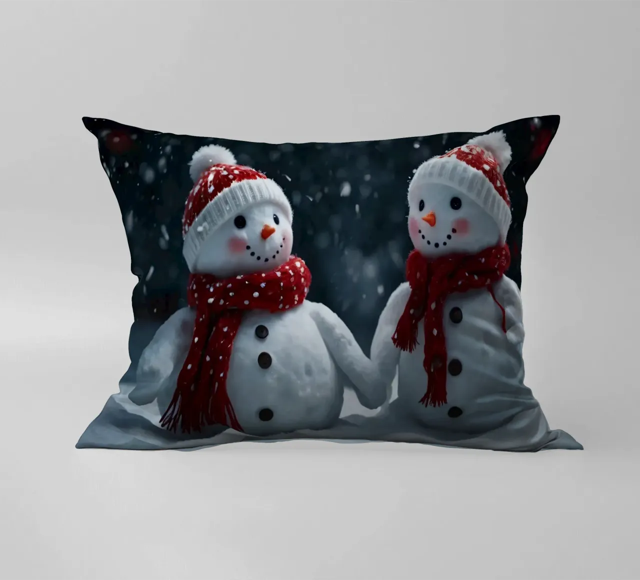 Due allegri pupazzi di neve che indossano cappelli e sciarpe rosse e bianche cuscino da DesignDoodle