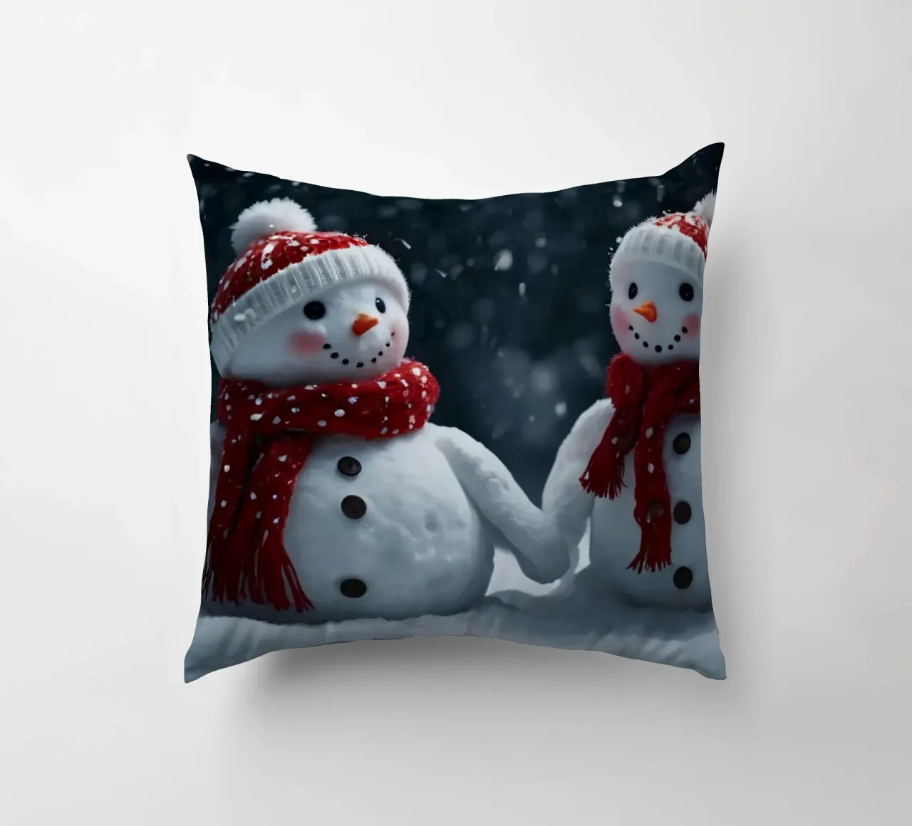 Due allegri pupazzi di neve che indossano cappelli e sciarpe rosse e bianche cuscino da DesignDoodle