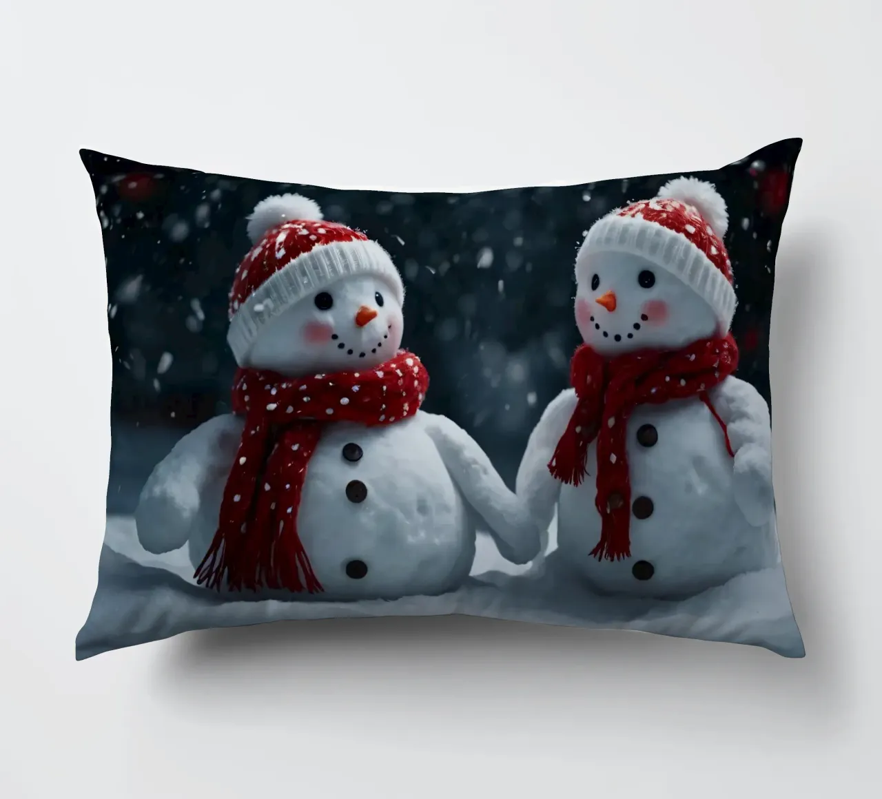 Due allegri pupazzi di neve che indossano cappelli e sciarpe rosse e bianche cuscino da DesignDoodle