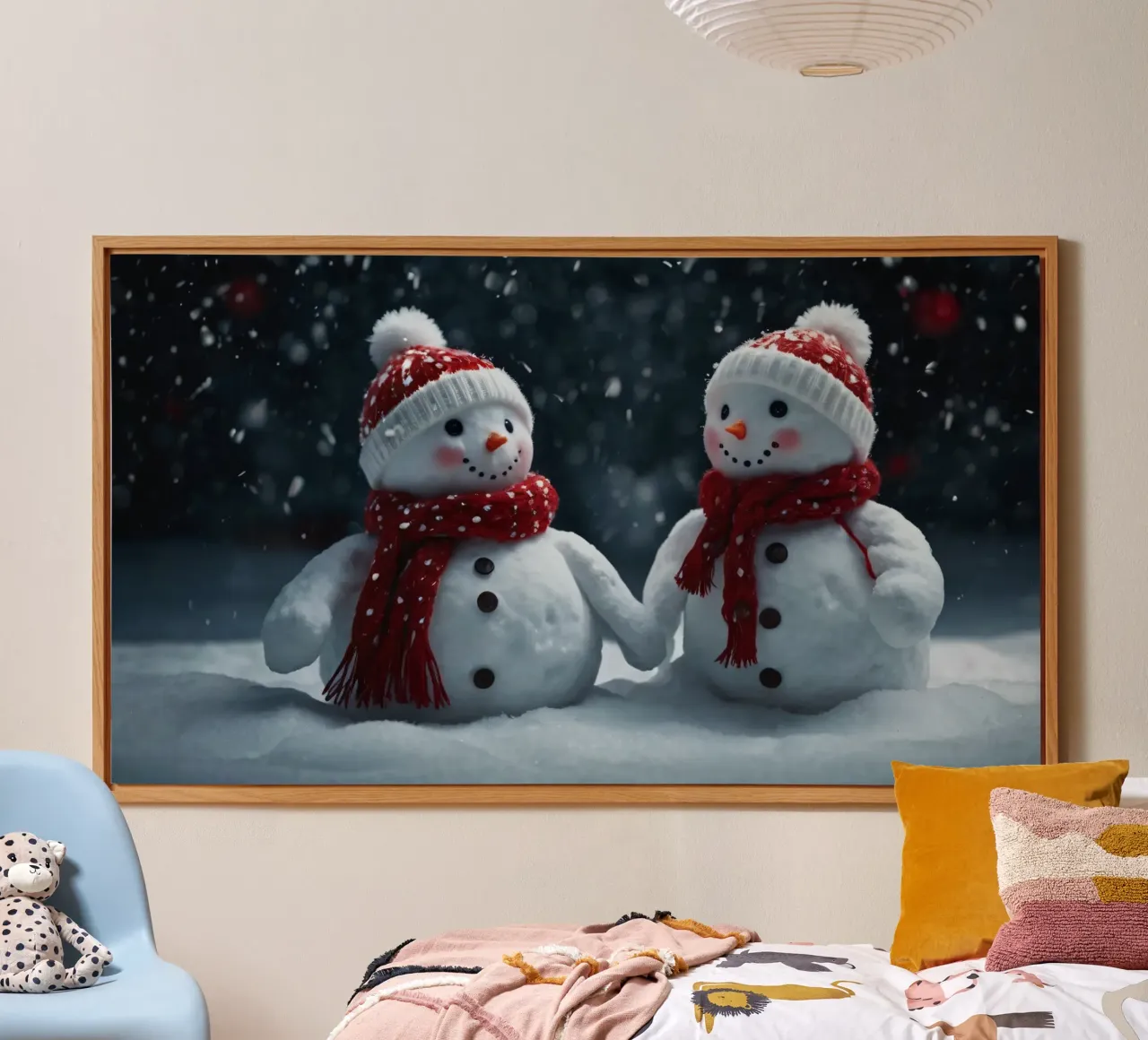Due allegri pupazzi di neve che indossano cappelli e sciarpe rosse e bianche alluminio dibond da DesignDoodle