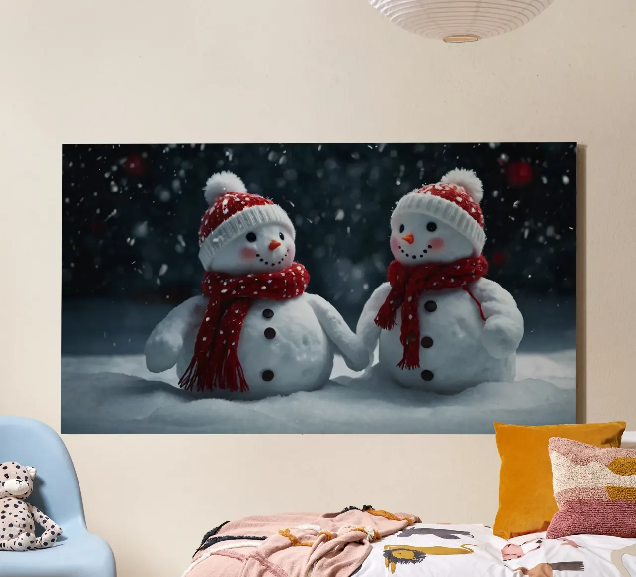 Dos alegres muñecos de nieve con gorros y bufandas rojas y blancas lienzo de DesignDoodle