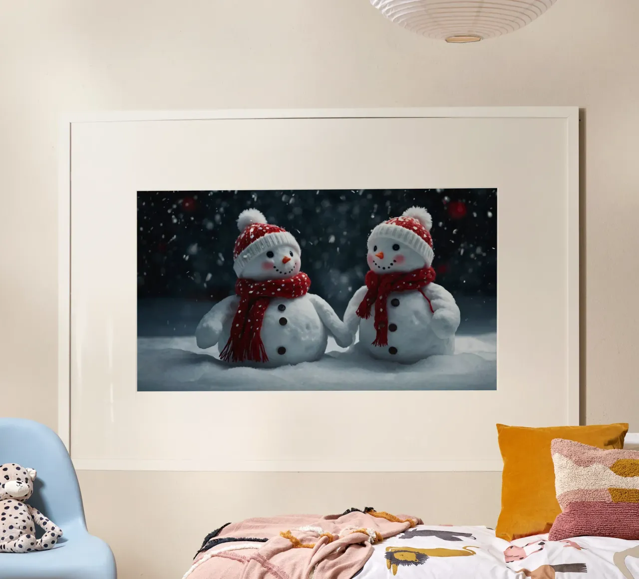 Due allegri pupazzi di neve che indossano cappelli e sciarpe rosse e bianche carta hahnemühle da DesignDoodle