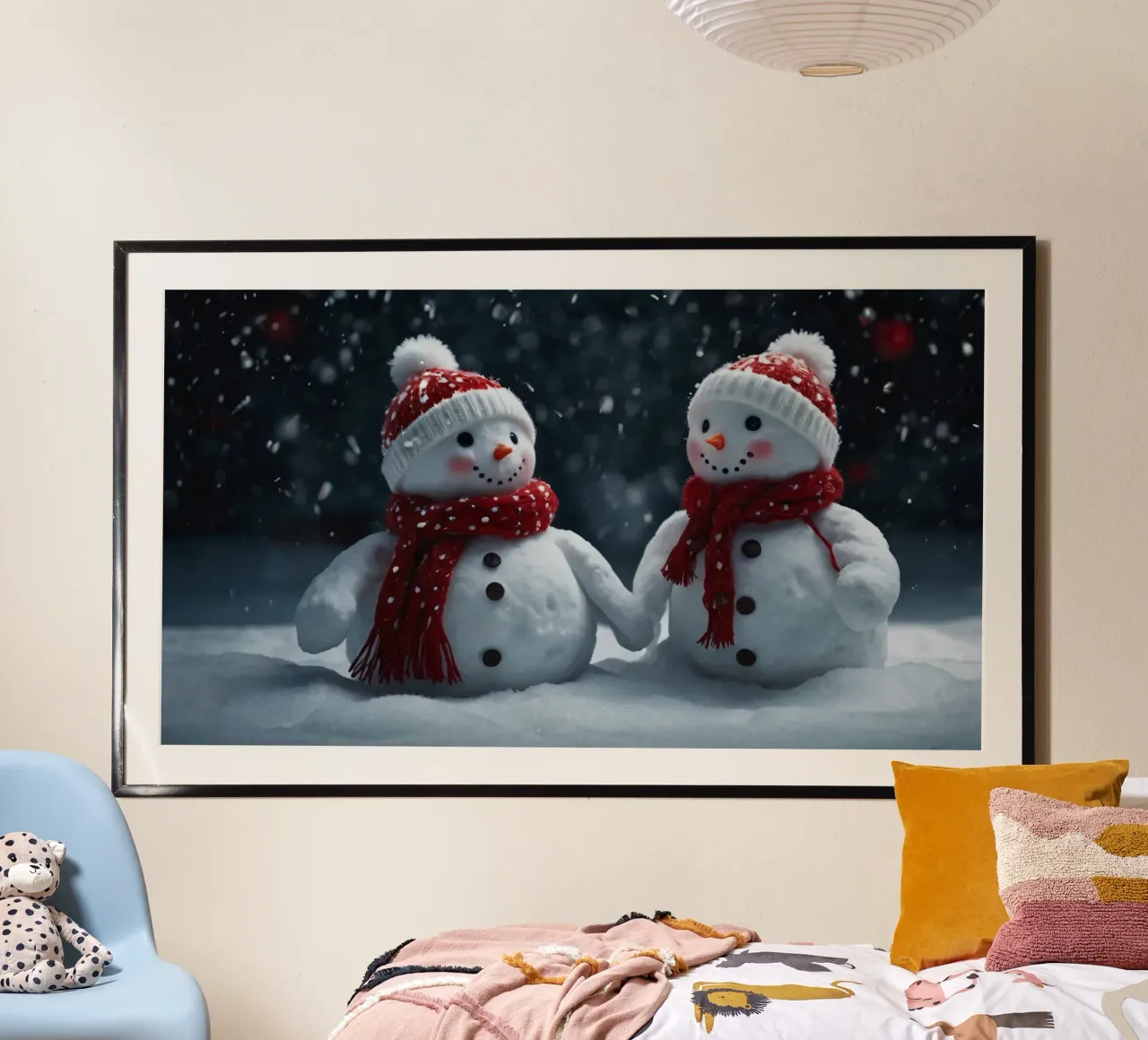 Due allegri pupazzi di neve che indossano cappelli e sciarpe rosse e bianche carta hahnemühle da DesignDoodle
