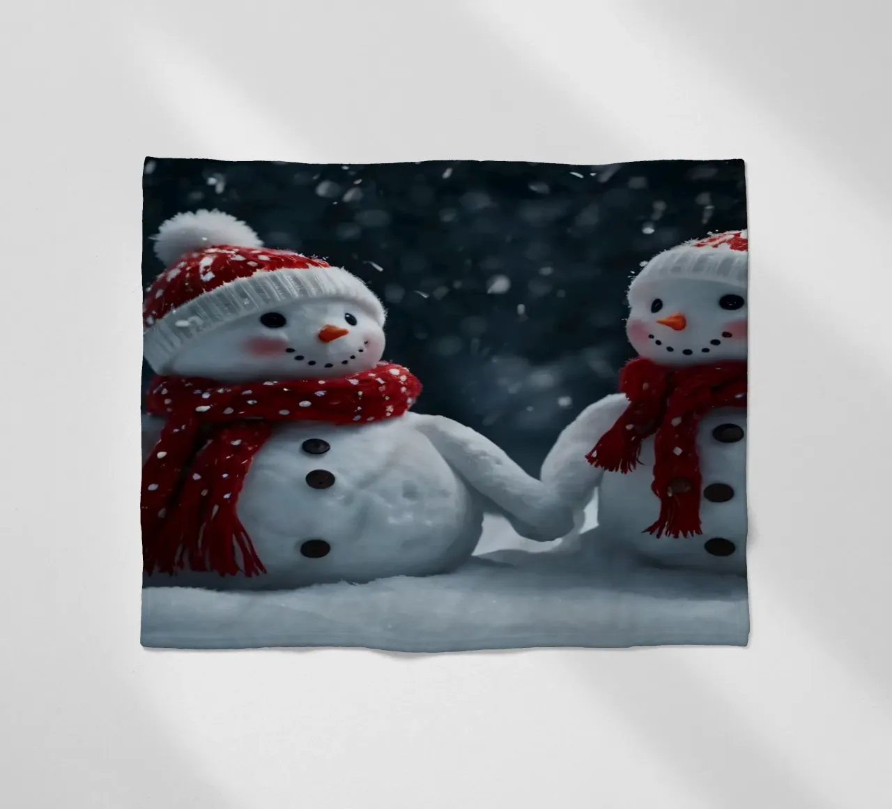 Due allegri pupazzi di neve che indossano cappelli e sciarpe rosse e bianche coperta in pile da DesignDoodle