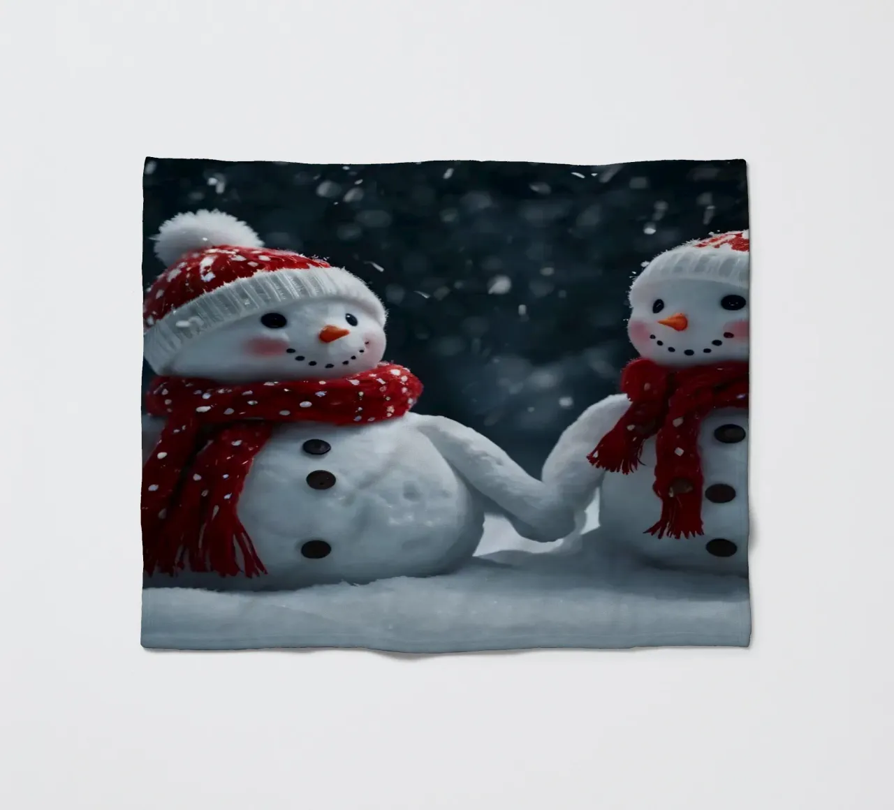 Due allegri pupazzi di neve che indossano cappelli e sciarpe rosse e bianche coperta in pile da DesignDoodle