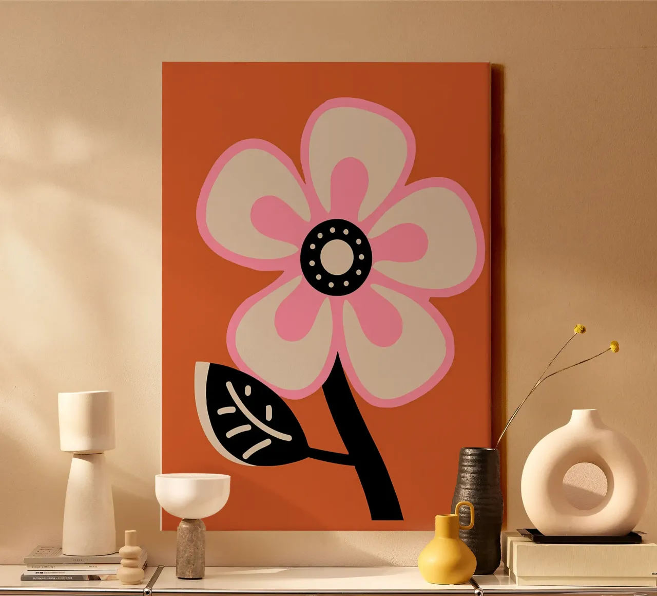 Groovy Retro Bloem 70s Esthetiek in Roze en Oranje canvas van diedrich