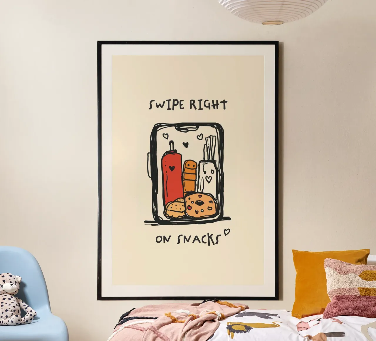 Streichen Sie nach rechts auf Snacks Funny Whimsical Hand Drawn Kitchen Poster von Farlane