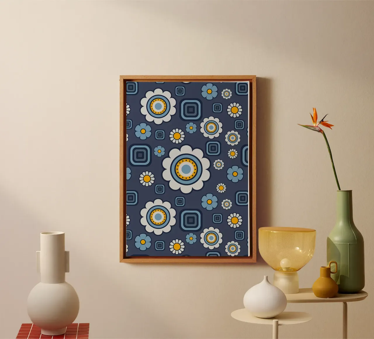 Retro Blumen & Quadrate Muster Leinwand mit Schattenfugenrahmen von diedrich