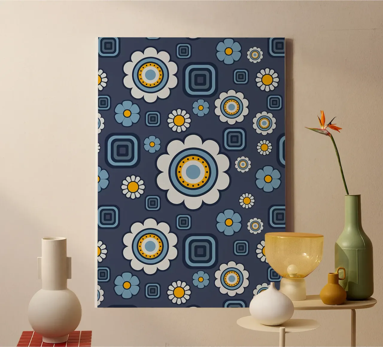 Retro Blumen & Quadrate Muster Leinwand mit Schattenfugenrahmen von diedrich