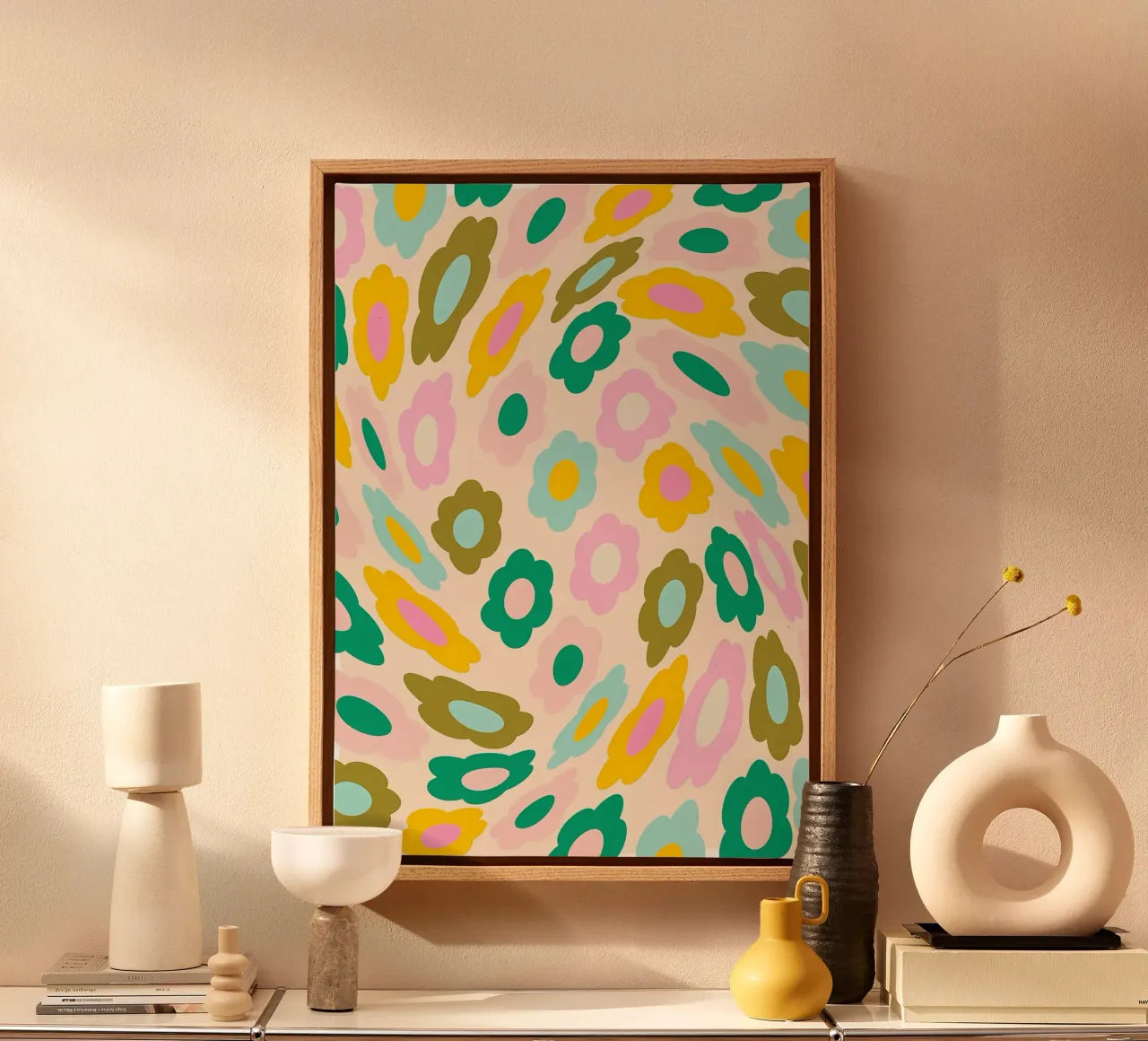 Retro Flower Pattern in Preppy Aesthetic Pastels canvas with Floater frame by diedrich