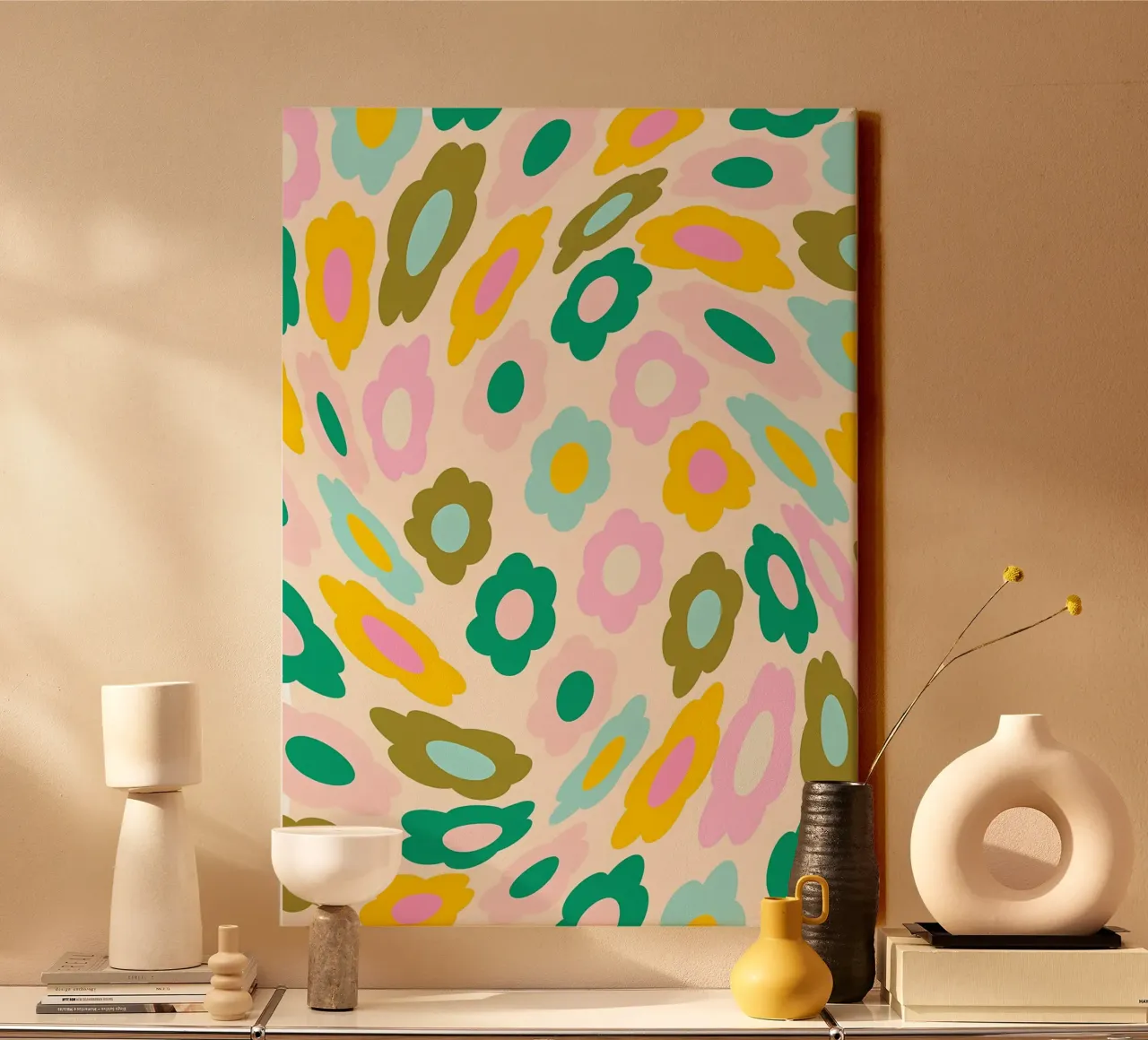 Retro Flower Pattern in Preppy Aesthetic Pastels canvas with Floater frame by diedrich