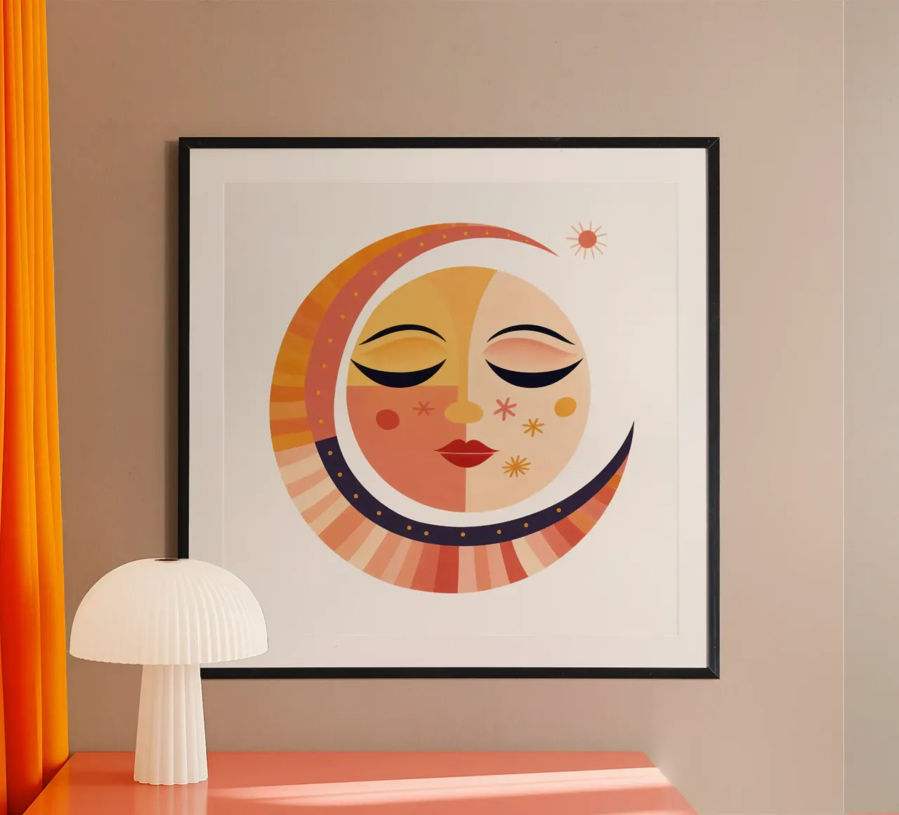 Volto stravagante di sole e luna poster con telaio in alluminio da Andrea Haase Modern Home