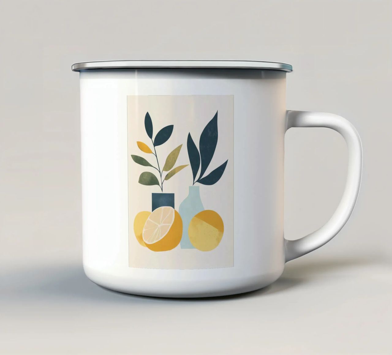 Natura morta minimalista: un tocco di freschezza 🍋🎨 tazza in smalto da studiofox