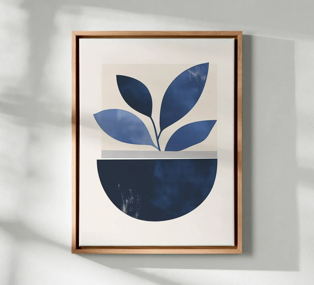 Minimalistisches Stillleben: Vase und blaue Blätter 🌀🎨. Leinwand mit Schattenfugenrahmen von studiofox