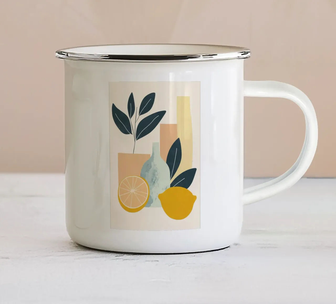 Natura morta minimalista: freschezza estiva e limoni 🍋🌿 tazza in smalto da studiofox