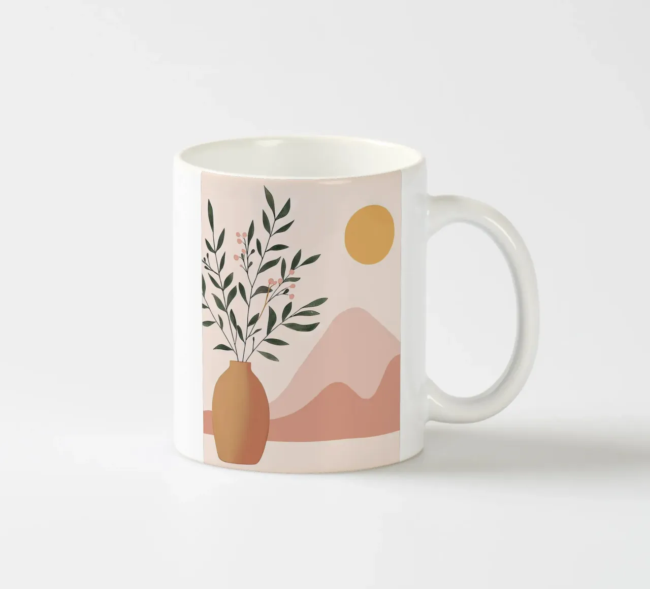Boho Plant in Vaas met Abstracte Berg en Maan Yoga Kunst keramische mok van Gentle Echoes Art