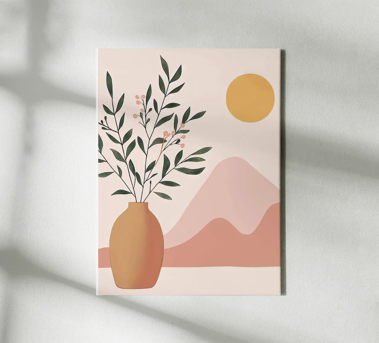 Boho Plant in Vase with Abstract Mountain and Moon Yoga Art canvas by Gentle Echoes Art
